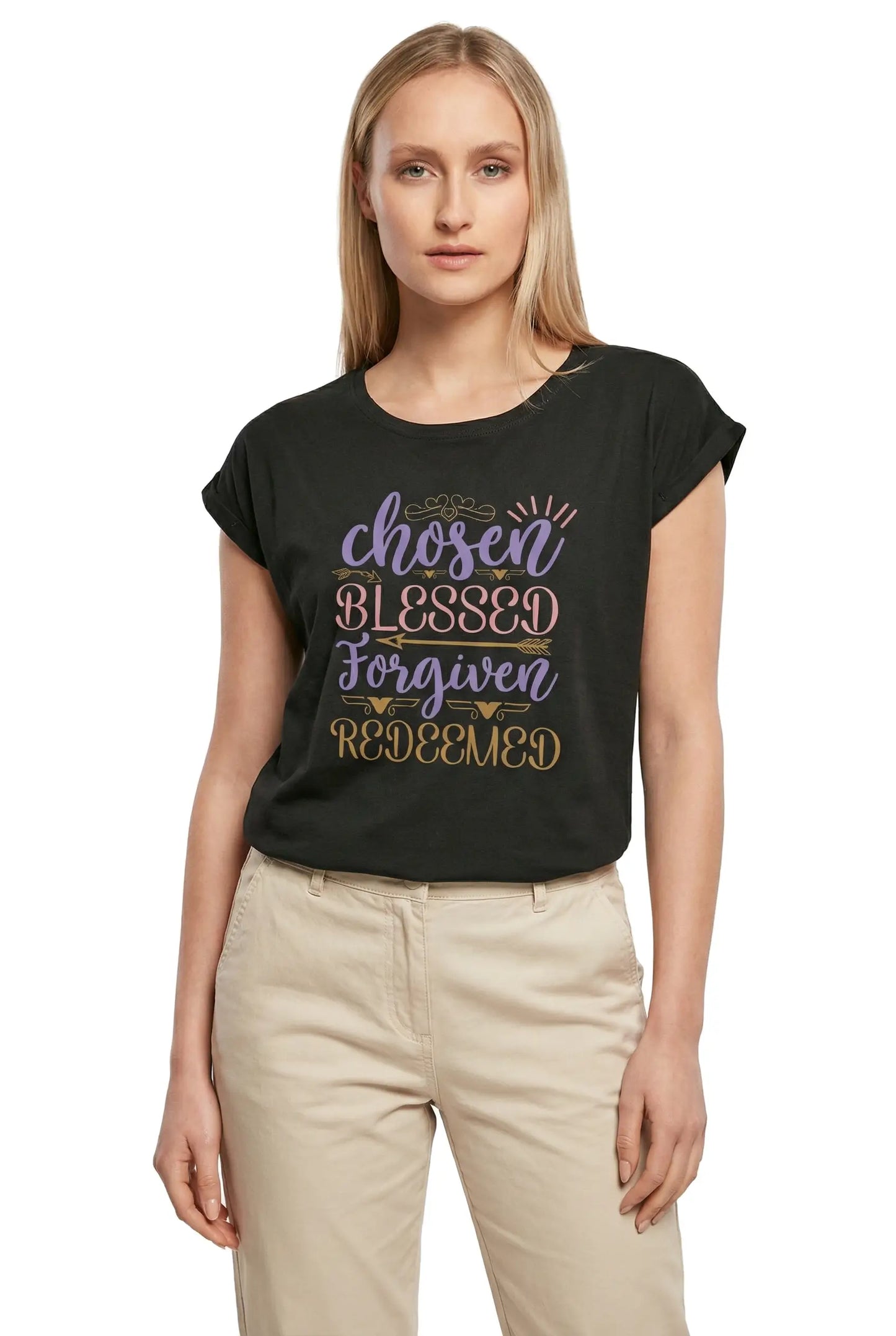 Women's Graphic T-Shirt Chosen Blessed Forgiven Redeemed Ladies Limited Edition Short Sleeve Tee-Shirt Vintage Birthday Gift Novelty