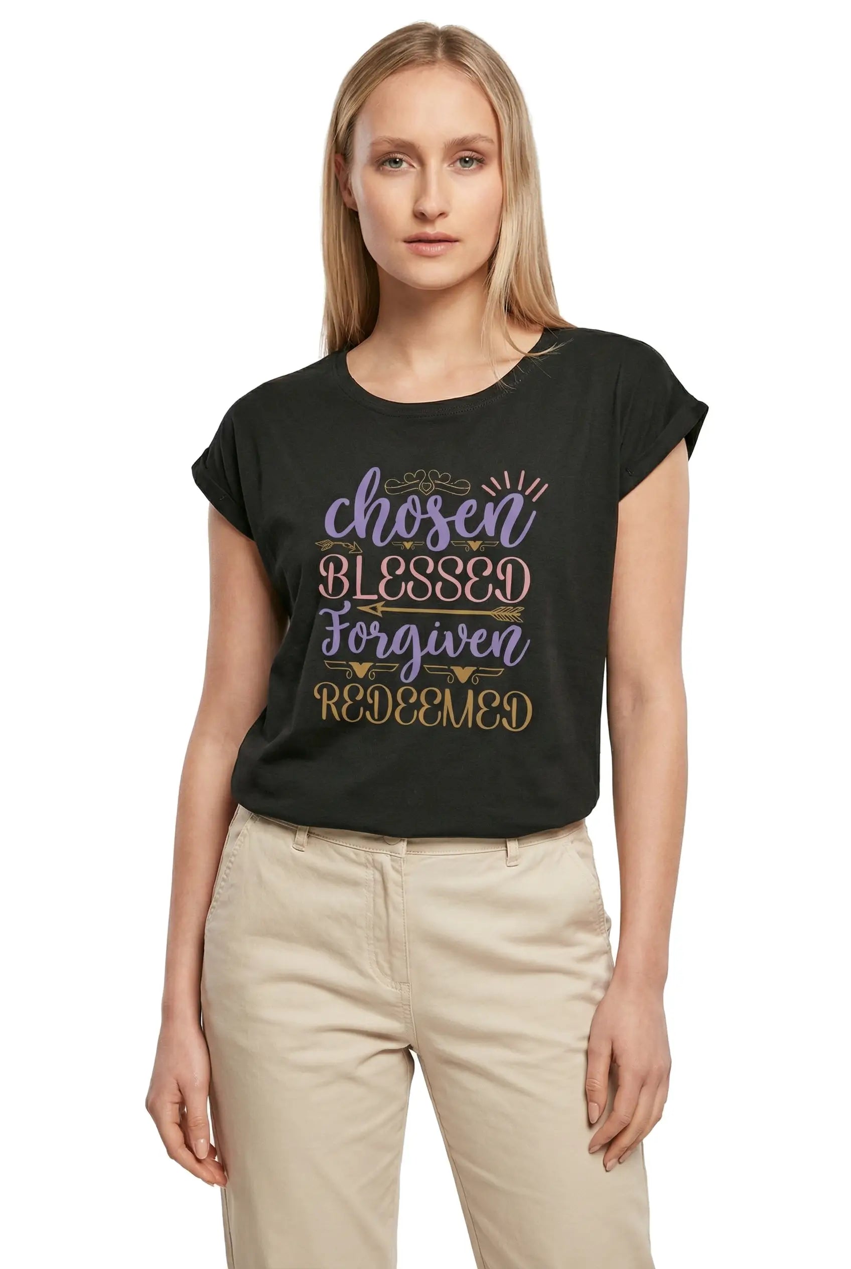 Women's Graphic T-Shirt Chosen Blessed Forgiven Redeemed Ladies Limited Edition Short Sleeve Tee-Shirt Vintage Birthday Gift Novelty