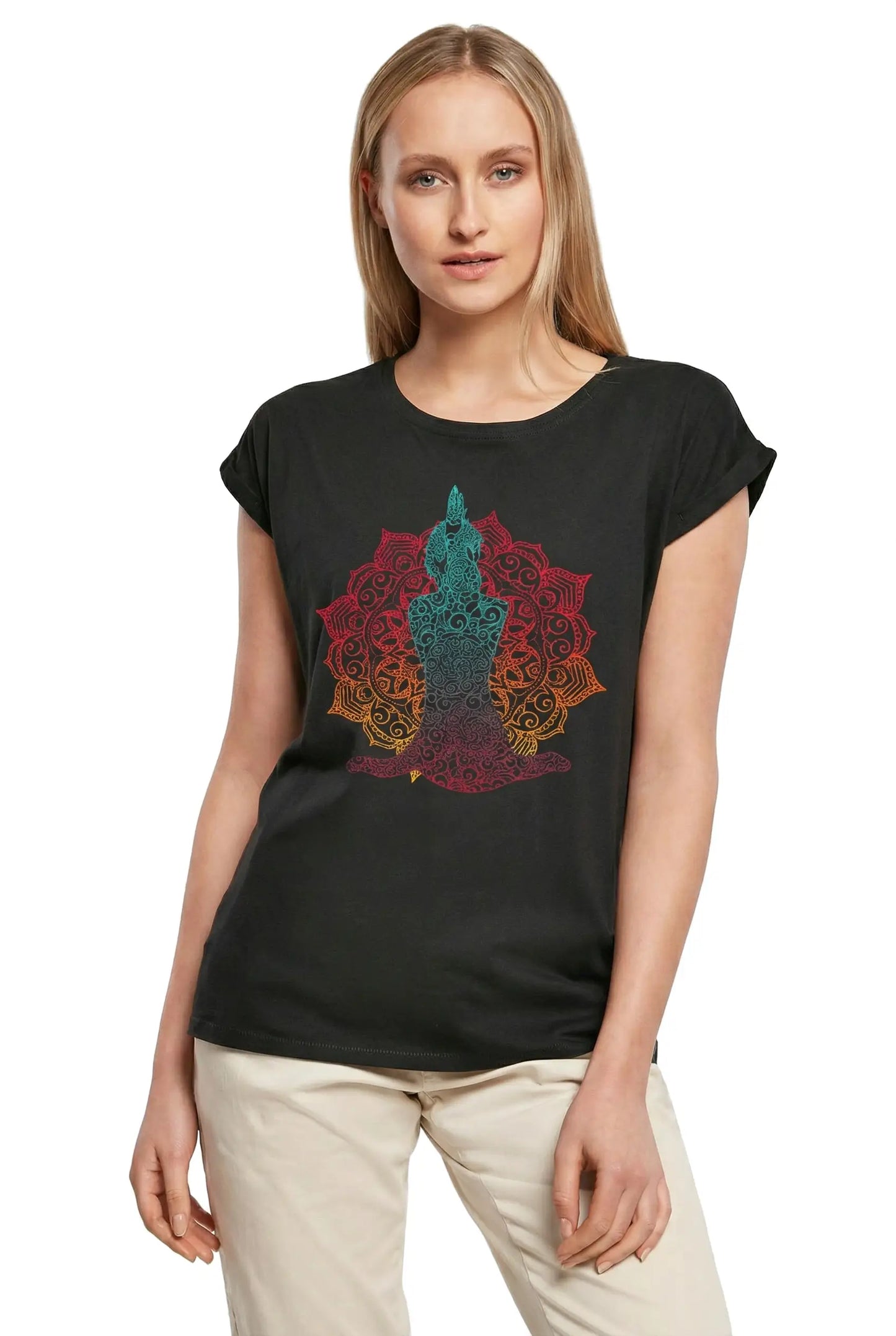 Women's Graphic T-Shirt Boho Namaste Yoga Pose Mandala Art Ladies Limited Edition Short Sleeve Tee-Shirt Vintage Birthday Gift Novelty
