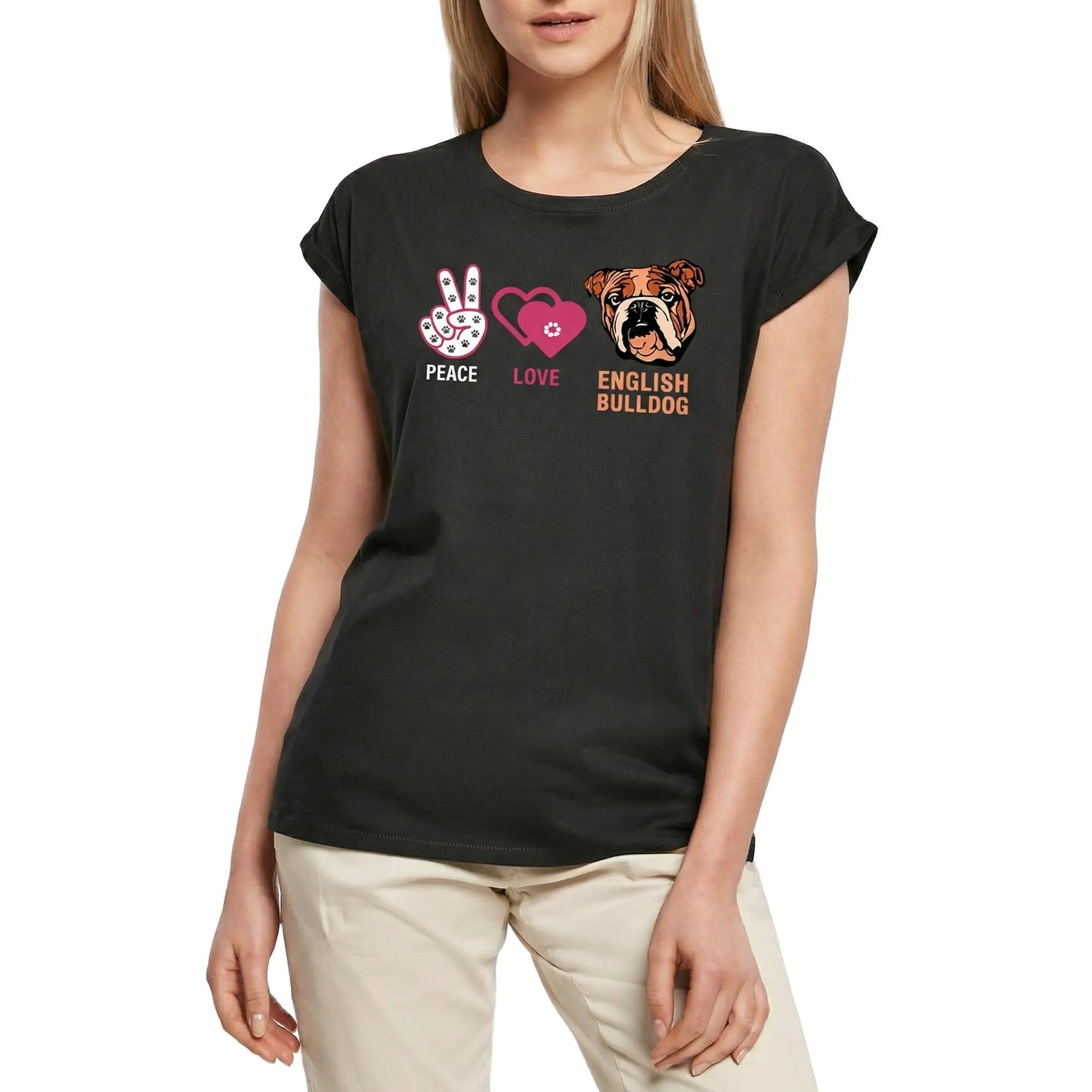 Women's Graphic T-Shirt Peace Love English Bulldog Dog Ladies Limited Edition Short Sleeve Tee-Shirt Vintage Birthday Gift Novelty