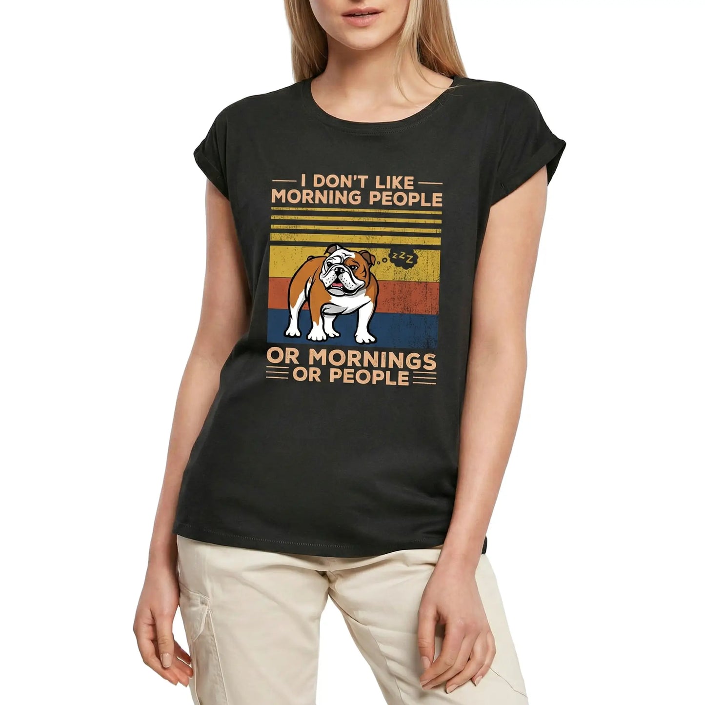 Women's Graphic T-Shirt Bulldog I Don't Like Morning People Dog Ladies Limited Edition Short Sleeve Tee-Shirt Vintage Birthday Gift Novelty