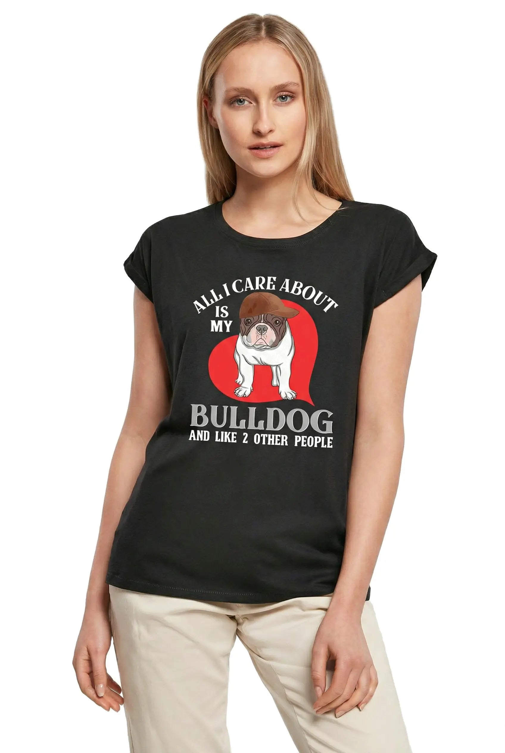 Women's Graphic T-Shirt All I Care About - French Bulldog Dog Lover Humor Ladies Limited Edition Short Sleeve Tee-Shirt Vintage Birthday Gift Novelty