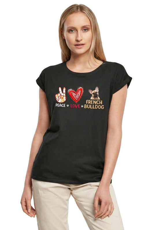 Women's Graphic T-Shirt Peace Love French Bulldog - Dog Lover Funny Ladies Limited Edition Short Sleeve Tee-Shirt Vintage Birthday Gift Novelty