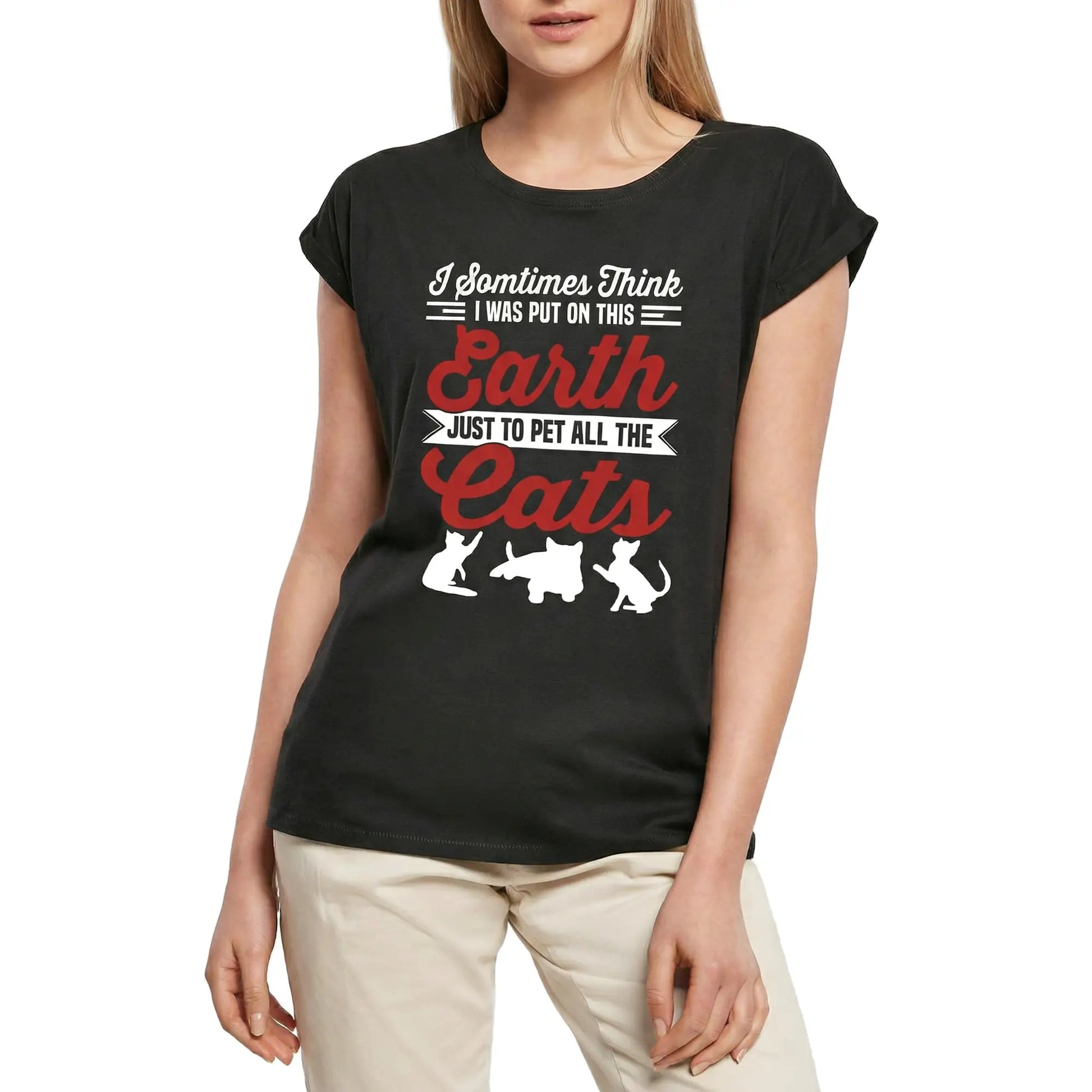 Women's Graphic T-Shirt I Was Put On Earth Just To Pet All The Cats Ladies Limited Edition Short Sleeve Tee-Shirt Vintage Birthday Gift Novelty