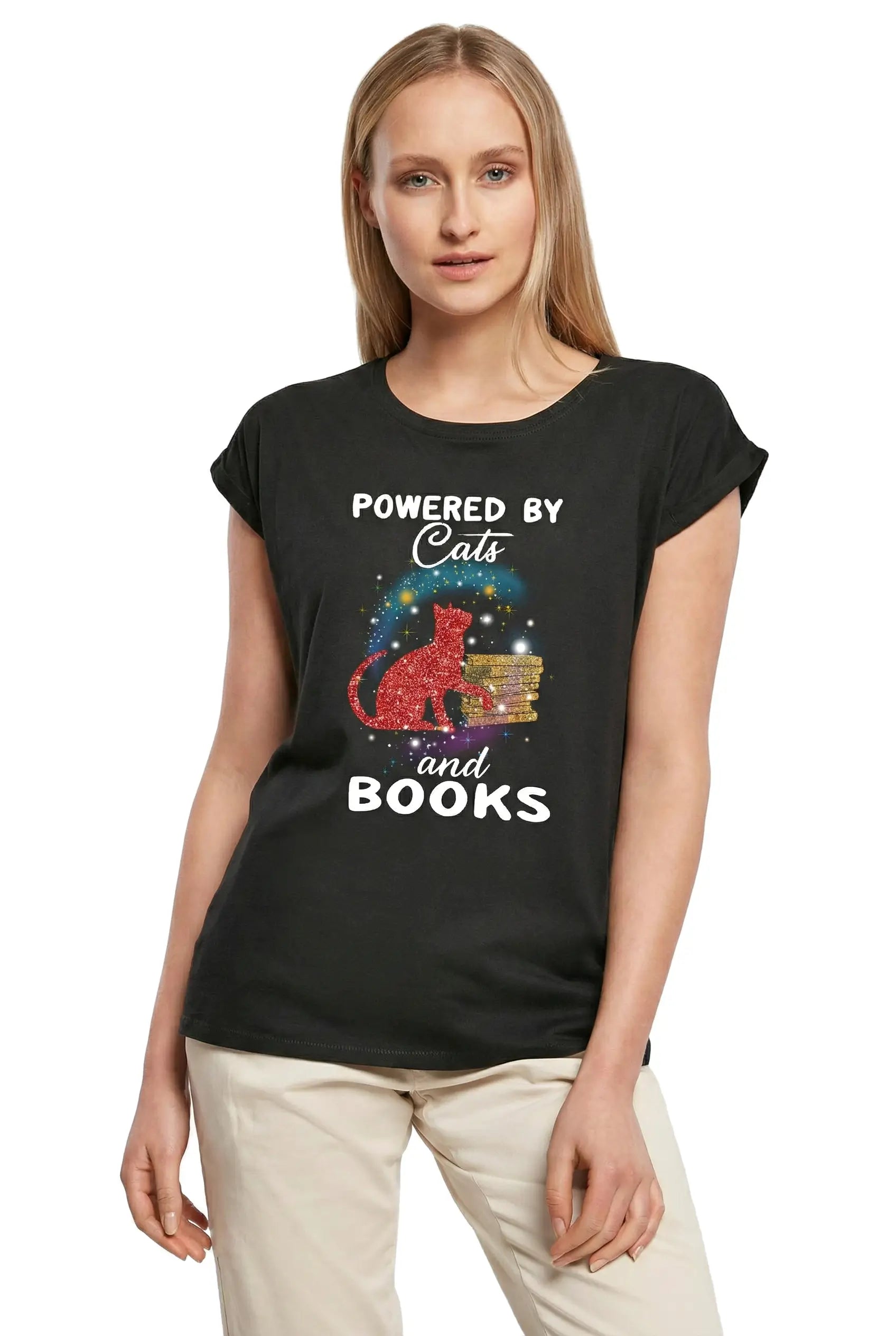 Women's Graphic T-Shirt Powerd By Cats And Books Ladies Limited Edition Short Sleeve Tee-Shirt Vintage Birthday Gift Novelty