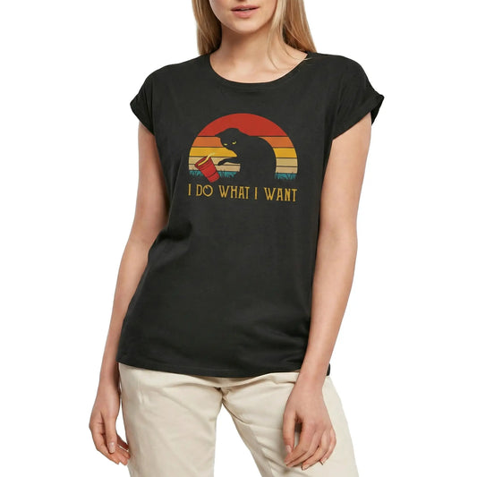 Women's Graphic T-Shirt I Do What I Want - Cat Retro Sunset Ladies Limited Edition Short Sleeve Tee-Shirt Vintage Birthday Gift Novelty