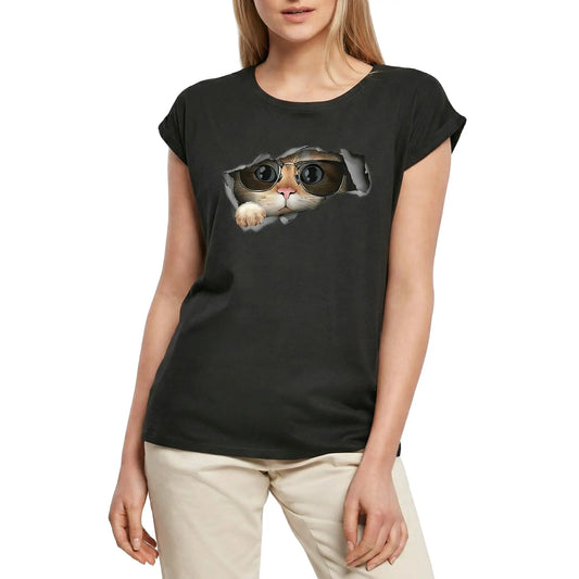 Women's Graphic T-Shirt Cat With Glass Kitten Lover Ladies Limited Edition Short Sleeve Tee-Shirt Vintage Birthday Gift Novelty