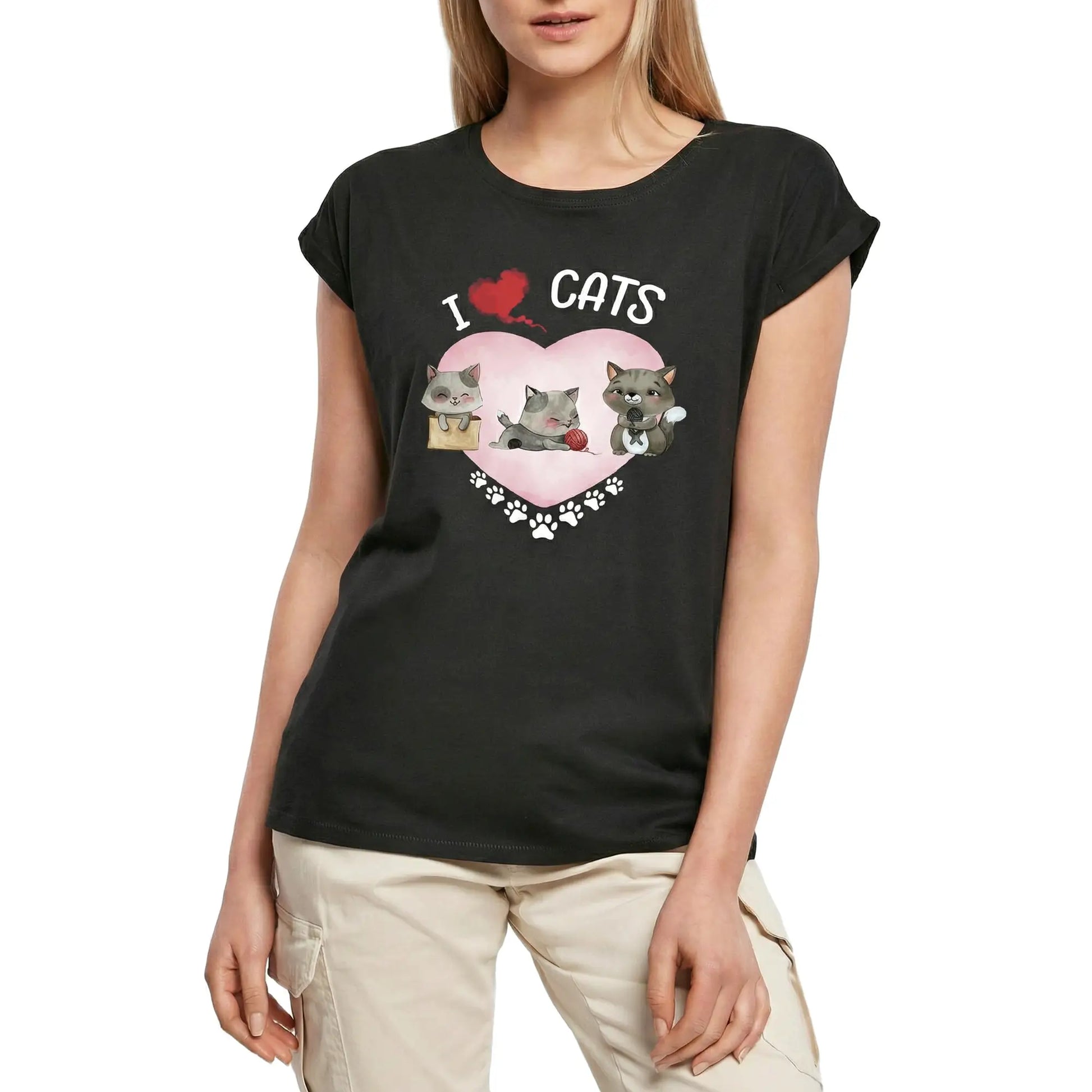 Women's Graphic T-Shirt I Love Cats - Cute Ladies Limited Edition Short Sleeve Tee-Shirt Vintage Birthday Gift Novelty