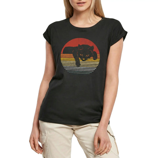 Women's Graphic T-Shirt Retro Sunset Black Cute Cat Cat Ladies Limited Edition Short Sleeve Tee-Shirt Vintage Birthday Gift Novelty