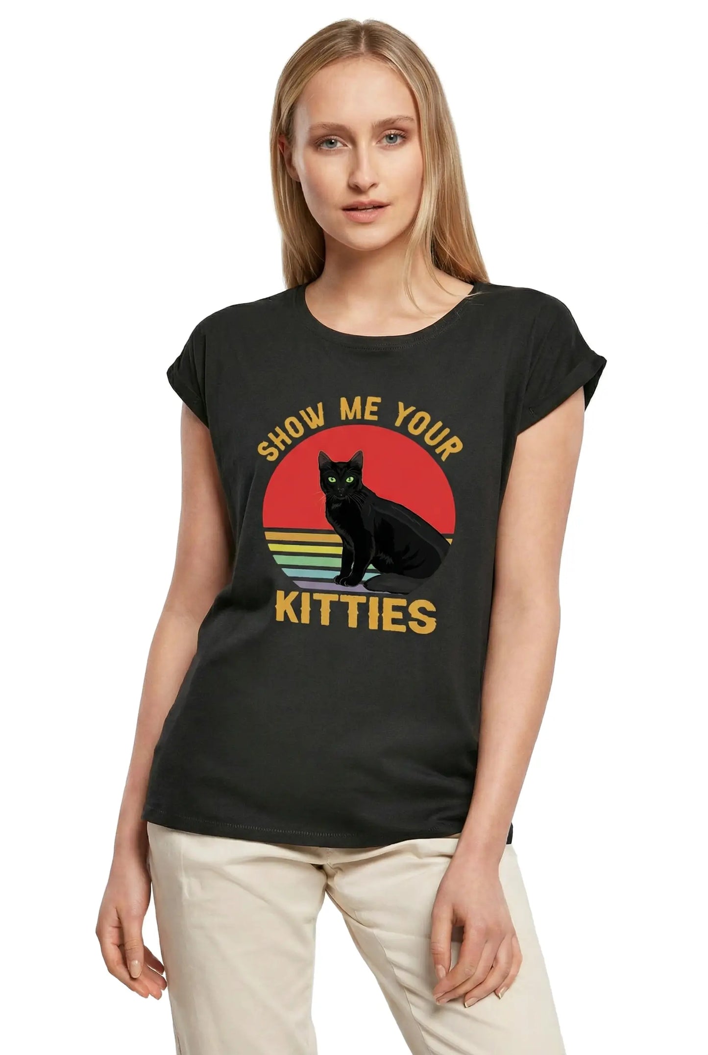 Women's Graphic T-Shirt Show Me Your Kitties - Retro Cat Sunset Ladies Limited Edition Short Sleeve Tee-Shirt Vintage Birthday Gift Novelty