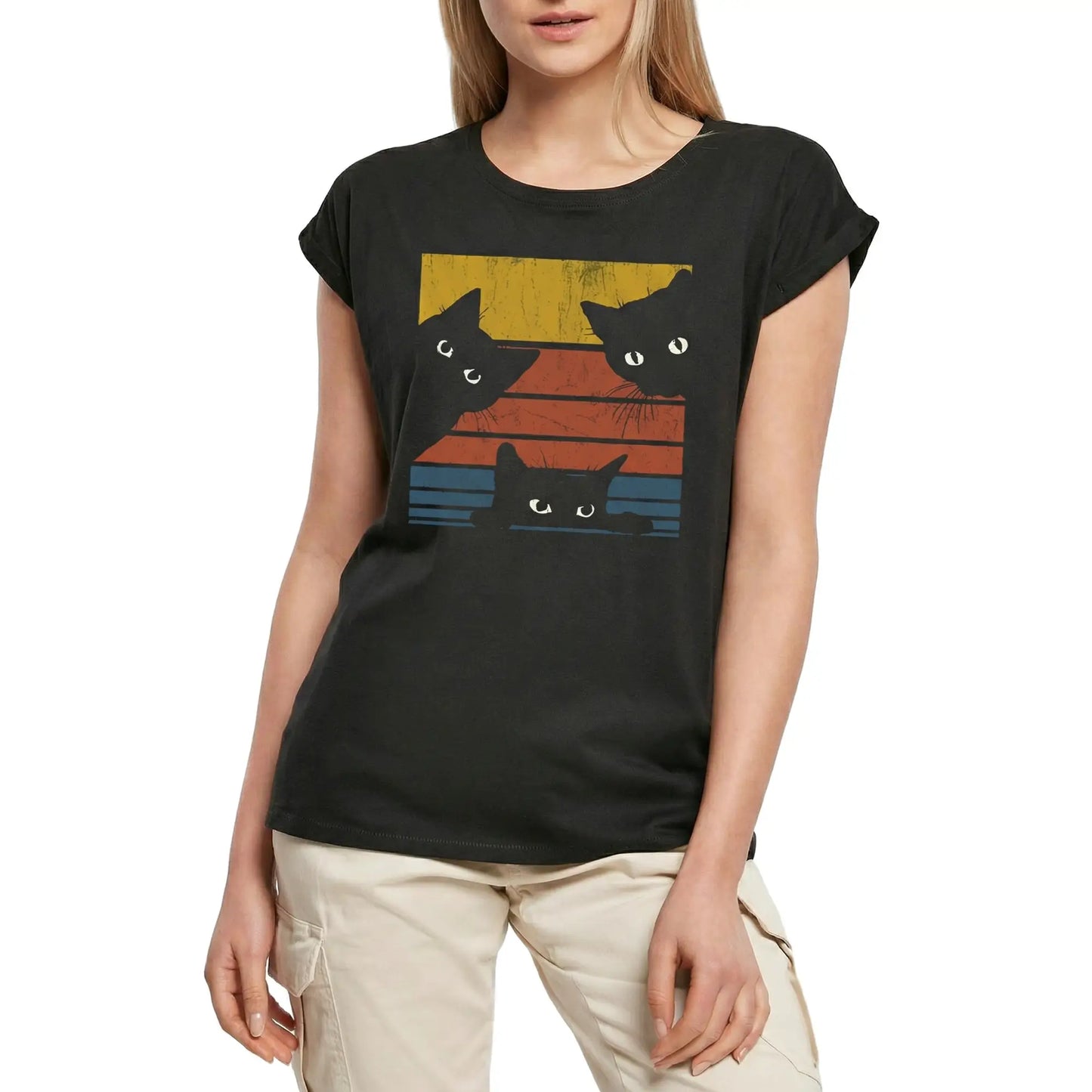 Women's Graphic T-Shirt Retro Sunset Black Cats Cat Ladies Limited Edition Short Sleeve Tee-Shirt Vintage Birthday Gift Novelty