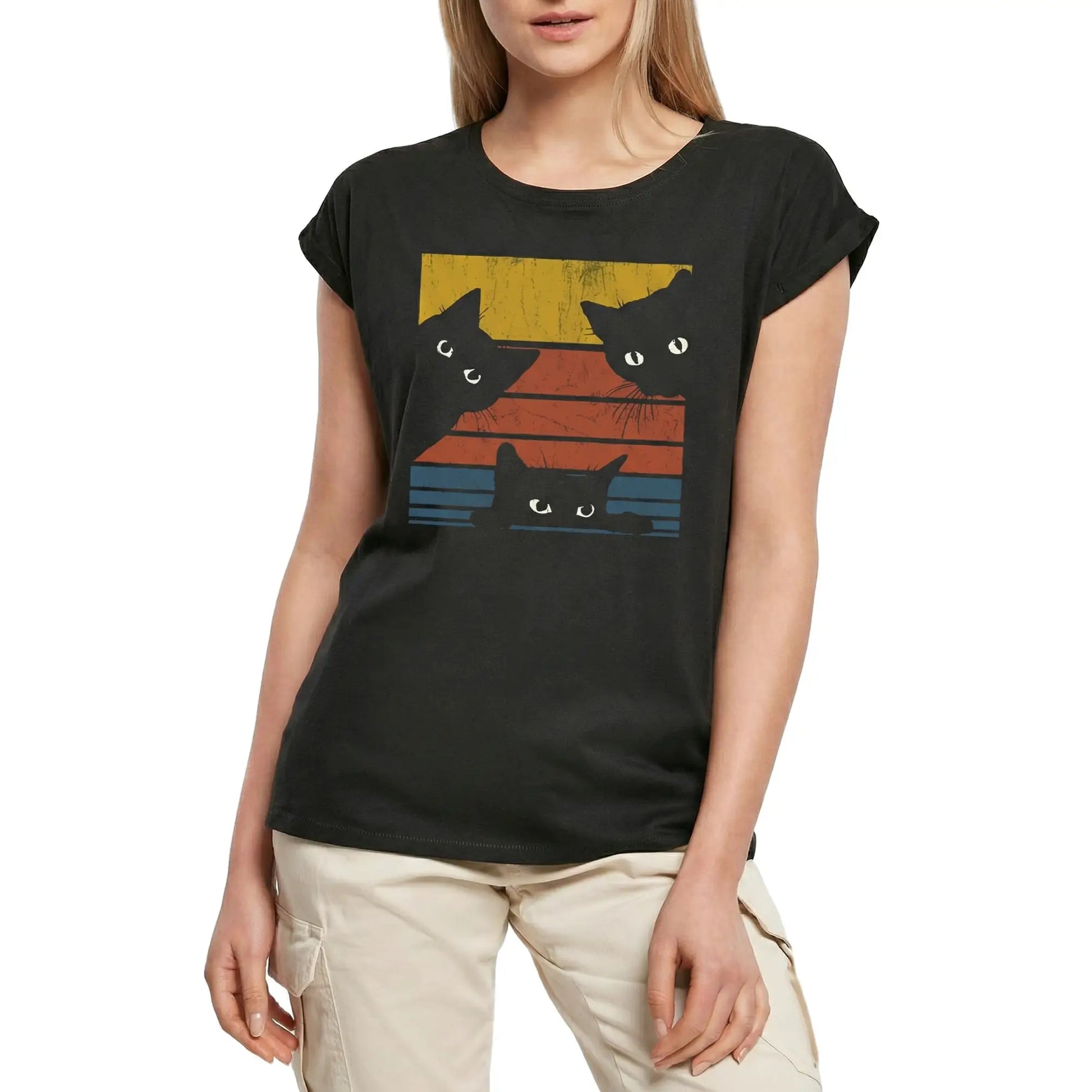Women's Graphic T-Shirt Retro Sunset Black Cats Cat Ladies Limited Edition Short Sleeve Tee-Shirt Vintage Birthday Gift Novelty