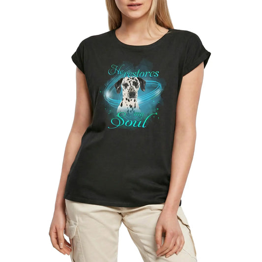 Women's Graphic T-Shirt He Restores My Soul - Cute Dalmatian Dog Paw Funny Ladies Limited Edition Short Sleeve Tee-Shirt Vintage Birthday Gift Novelty