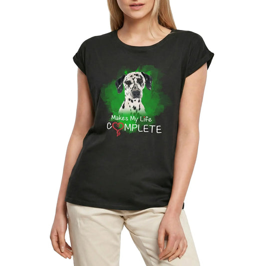 Women's Graphic T-Shirt Makes My Life Complete - Cute Dalmatian Dog Paw Funny Ladies Limited Edition Short Sleeve Tee-Shirt Vintage Birthday Gift Novelty