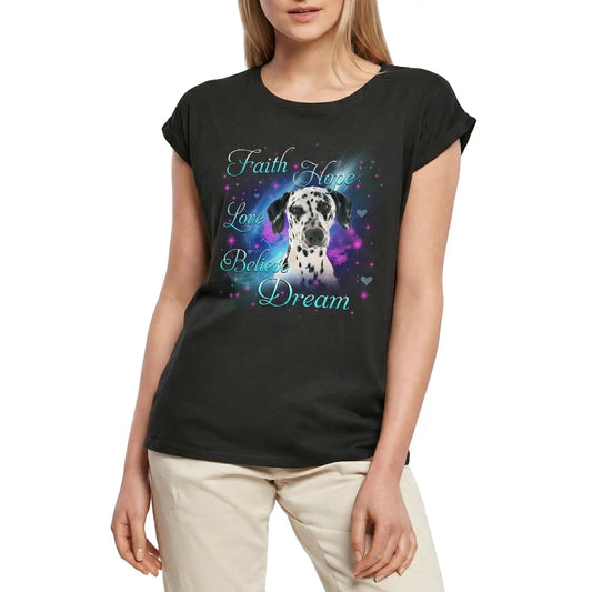 Women's Graphic T-Shirt Faith Hope Love Believe Dream - Cute Dalmatian Dog Paw Funny Ladies Limited Edition Short Sleeve Tee-Shirt Vintage Birthday Gift Novelty