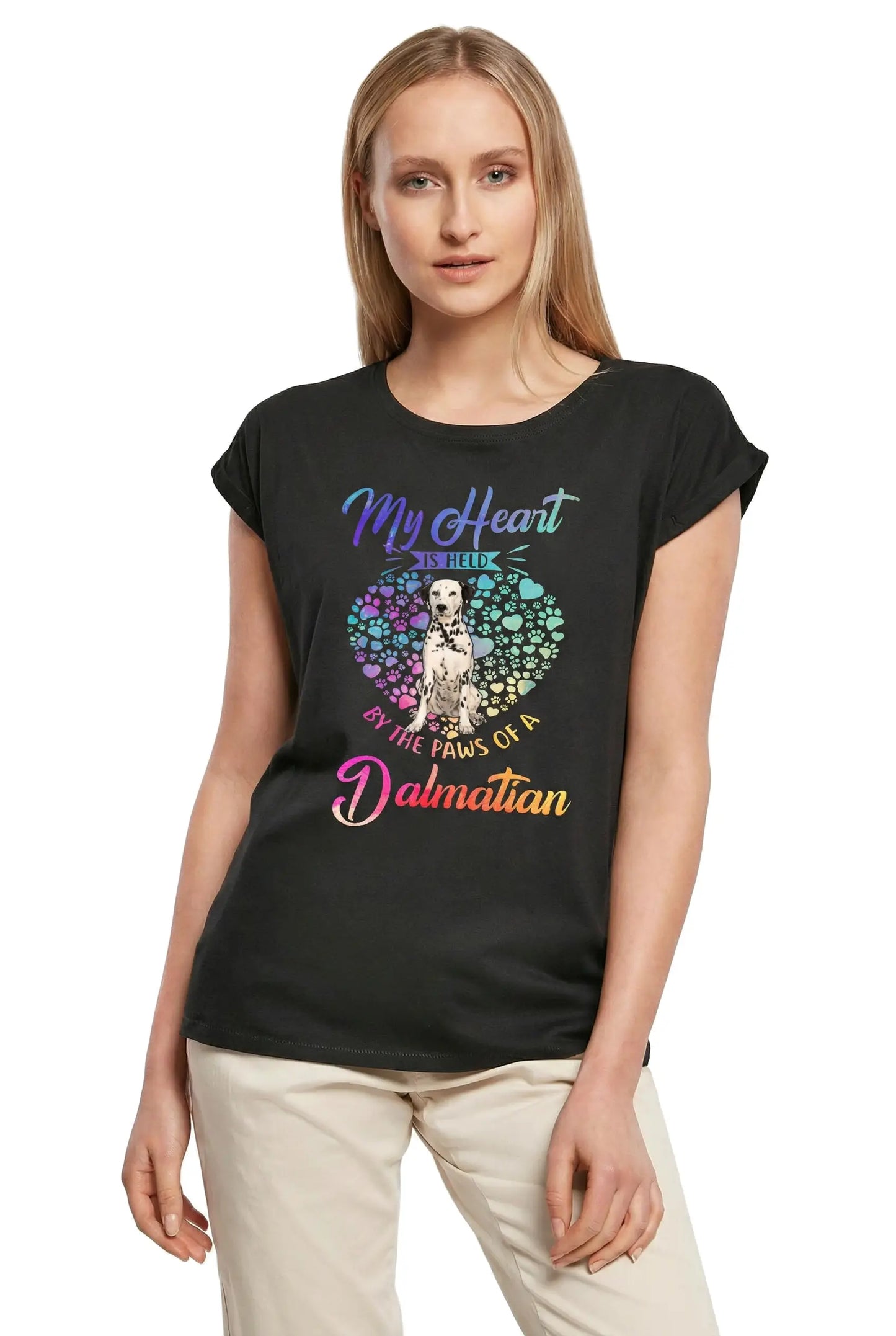 Women's Graphic T-Shirt My Heart Is Held By The Paws Of A Dalmatian Paw Funny Ladies Limited Edition Short Sleeve Tee-Shirt Vintage Birthday Gift Novelty