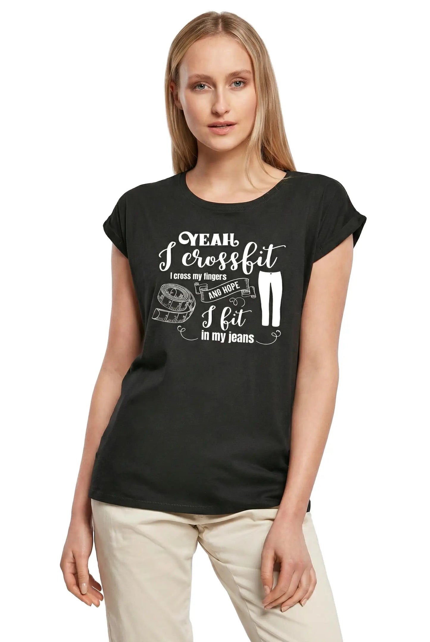 Women's Graphic T-Shirt Yeah I Cross My Fingers And Hope I Fit My Jeans Ladies Limited Edition Short Sleeve Tee-Shirt Vintage Birthday Gift Novelty