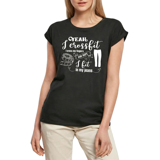 Women's Graphic T-Shirt Yeah I Cross My Fingers And Hope I Fit My Jeans Ladies Limited Edition Short Sleeve Tee-Shirt Vintage Birthday Gift Novelty