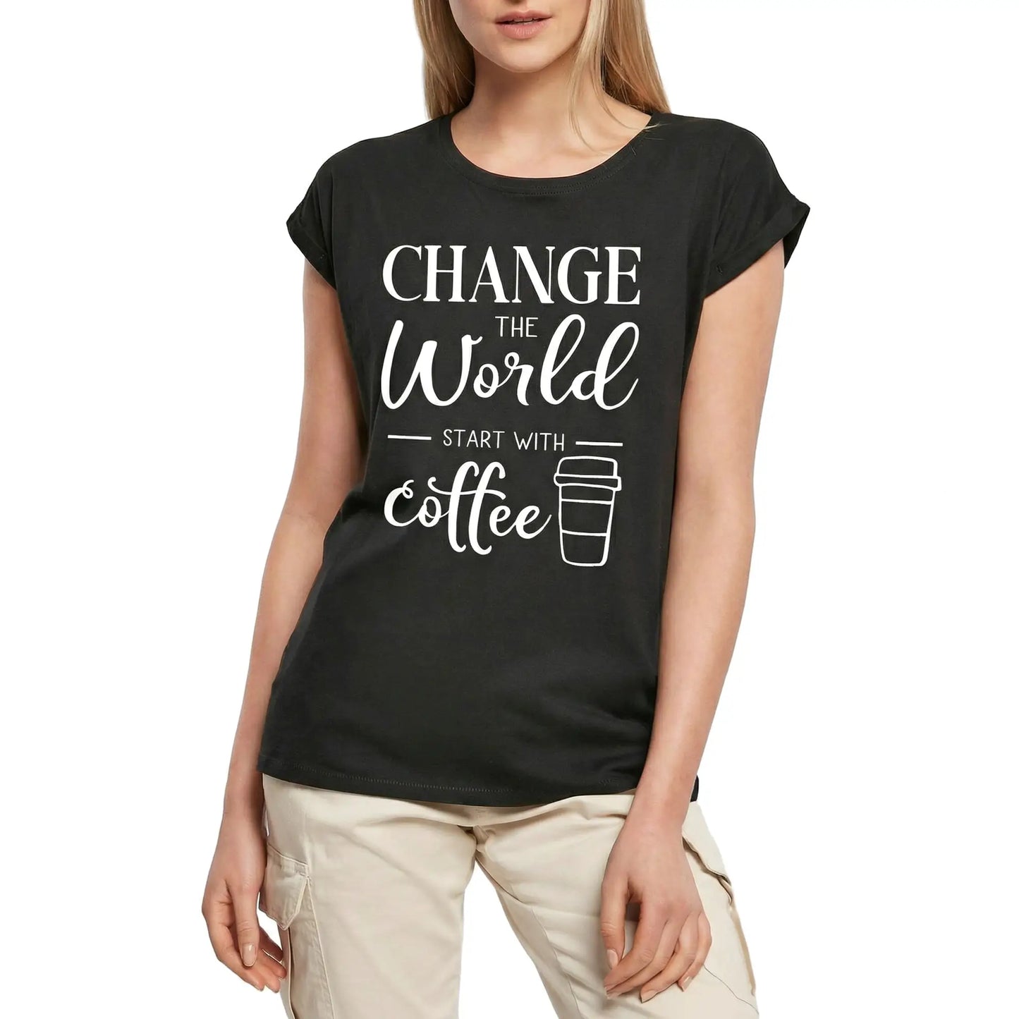 Women's Graphic T-Shirt Change The World Start With Coffee Ladies Limited Edition Short Sleeve Tee-Shirt Vintage Birthday Gift Novelty