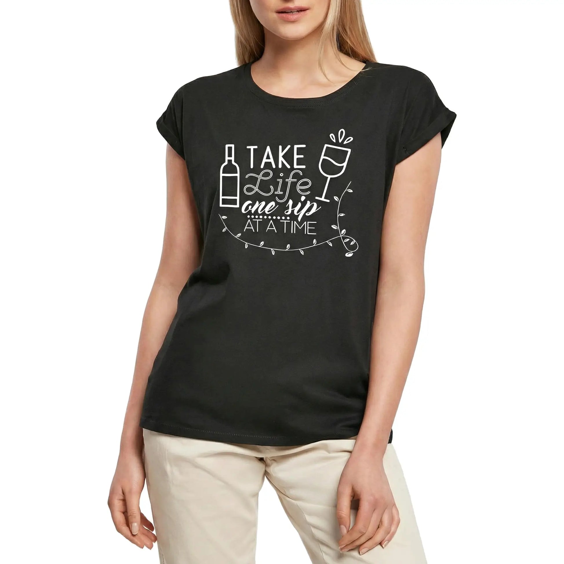 Women's Graphic T-Shirt Take Life One Sip At A Time Wine Lover Ladies Limited Edition Short Sleeve Tee-Shirt Vintage Birthday Gift Novelty