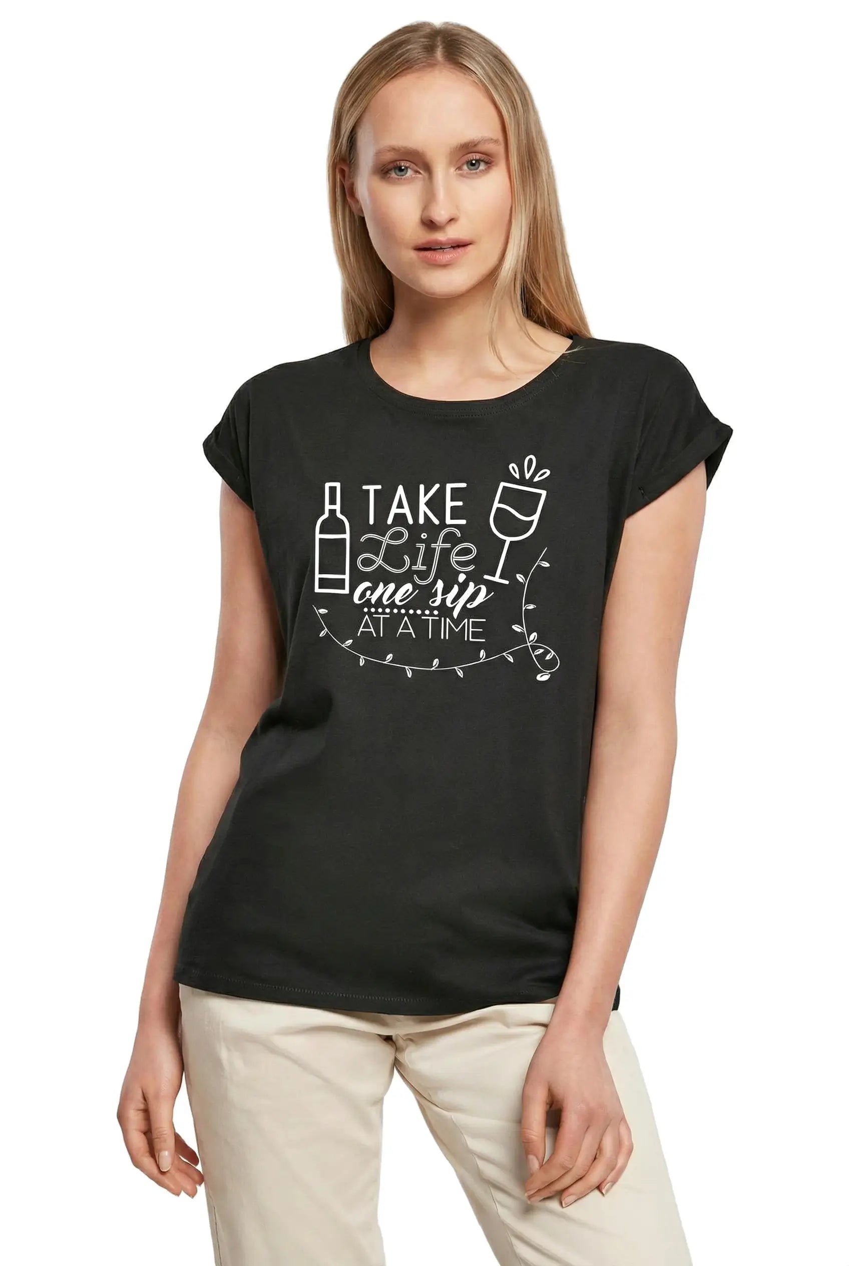 Women's Graphic T-Shirt Take Life One Sip At A Time Wine Lover Ladies Limited Edition Short Sleeve Tee-Shirt Vintage Birthday Gift Novelty