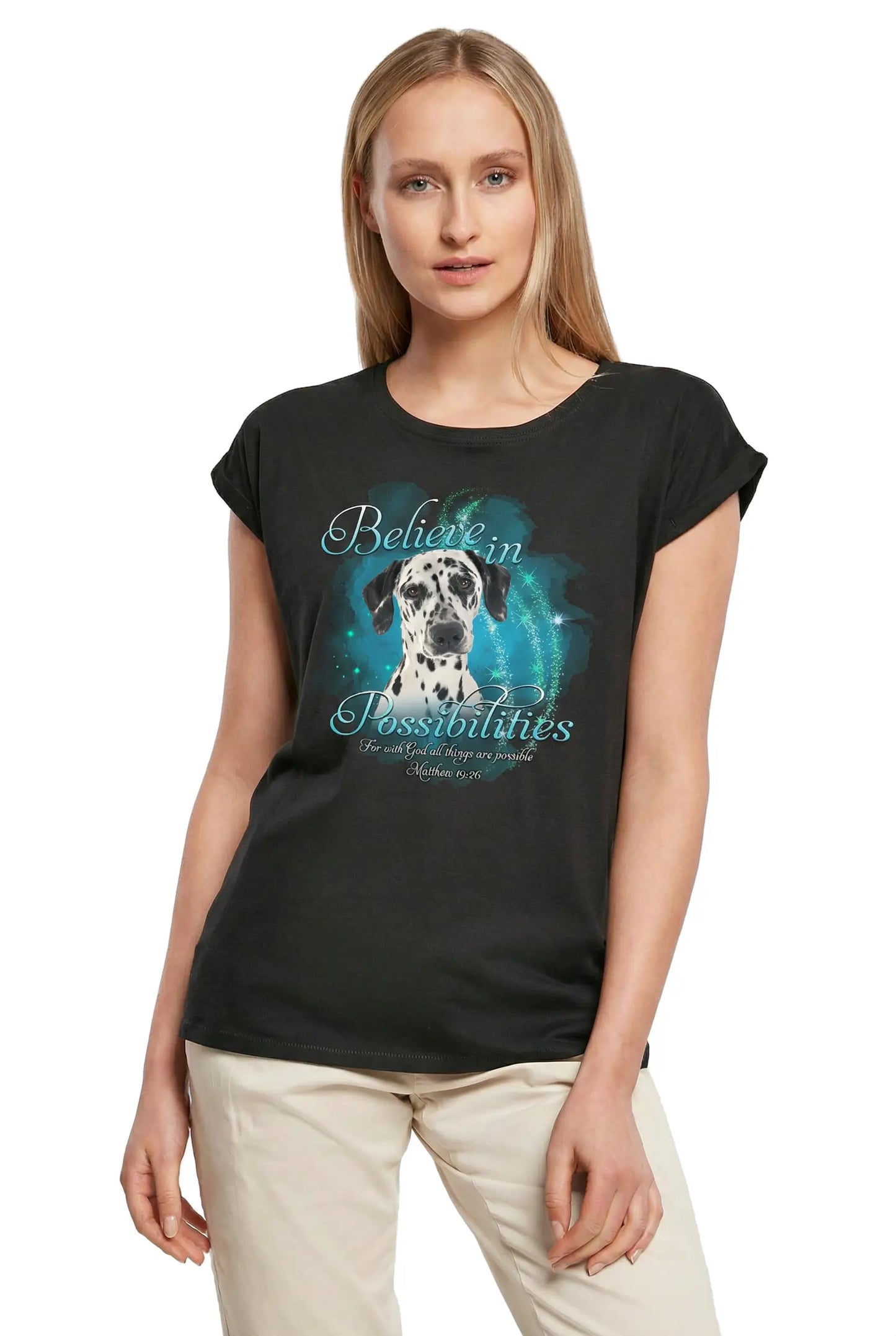 Women's Graphic T-Shirt Dalmatian, Believe In Possibilities, Bible, Matthew 19:26 Ladies Limited Edition Short Sleeve Tee-Shirt Vintage Birthday Gift Novelty