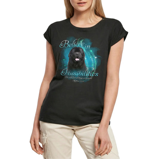 Women's Graphic T-Shirt Newfoundland, Believe In Possibilities, Bible, Matthew 19:26 Ladies Limited Edition Short Sleeve Tee-Shirt Vintage Birthday Gift Novelty
