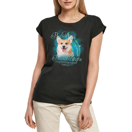 Women's Graphic T-Shirt Pembroke Welsh Corgi, Believe In Possibilities, Bible, Matthew 19:26 Ladies Limited Edition Short Sleeve Tee-Shirt Vintage Birthday Gift Novelty