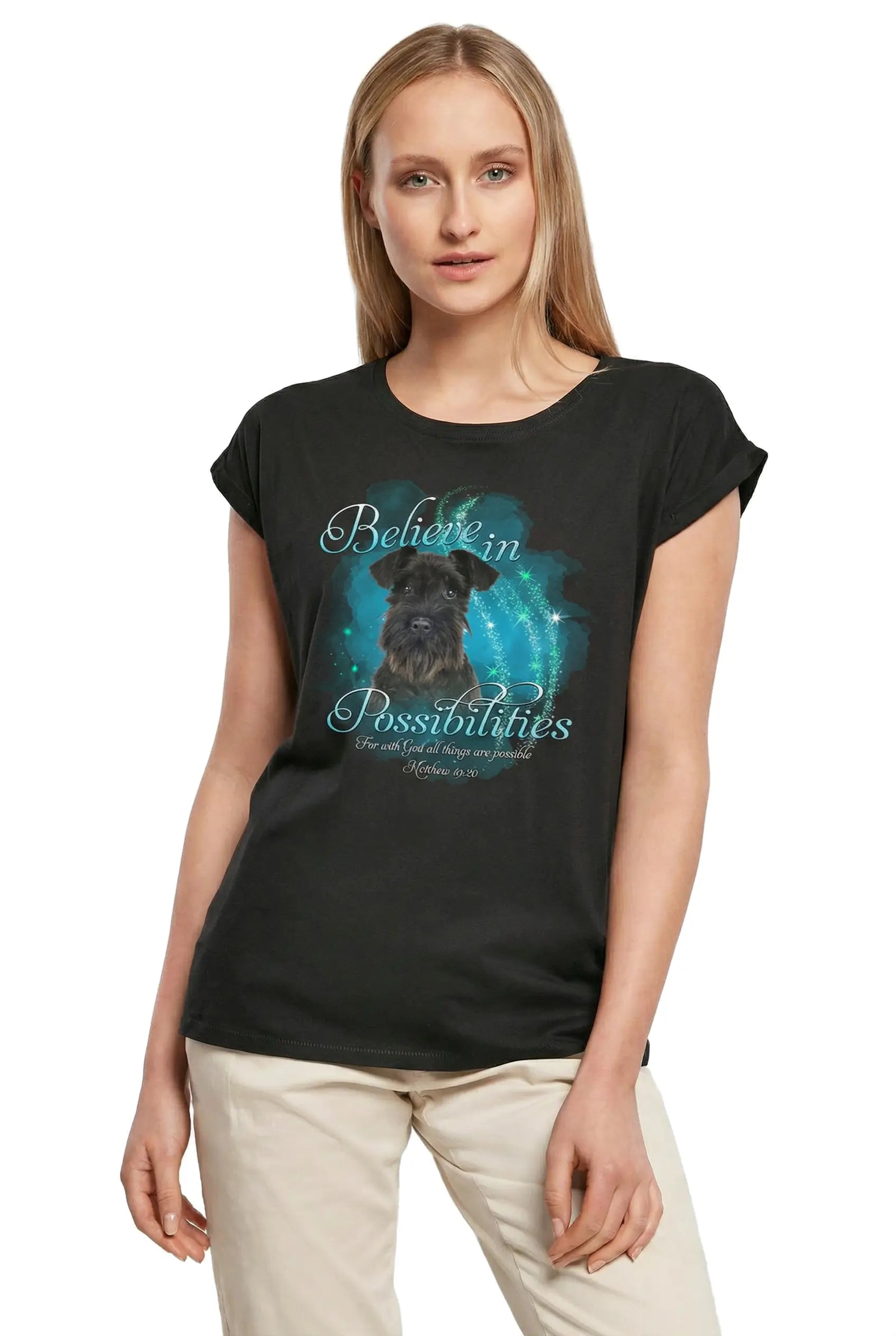 Women's Graphic T-Shirt Schnauzer, Believe In Possibilities, Bible, Matthew 19:26 Ladies Limited Edition Short Sleeve Tee-Shirt Vintage Birthday Gift Novelty