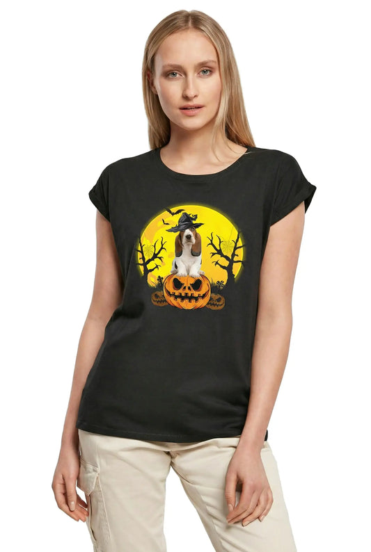 Women's Graphic T-Shirt Basset Hound Halloween Pumpkin Ladies Limited Edition Short Sleeve Tee-Shirt Vintage Birthday Gift Novelty