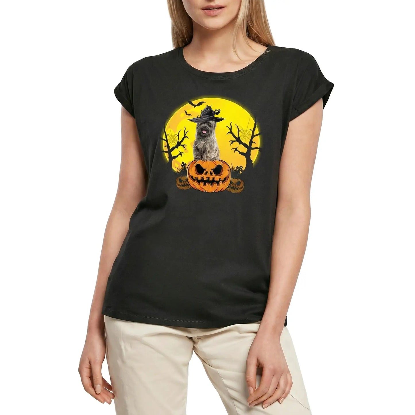 Women's Graphic T-Shirt Cairn Terrier Halloween Pumpkin Ladies Limited Edition Short Sleeve Tee-Shirt Vintage Birthday Gift Novelty