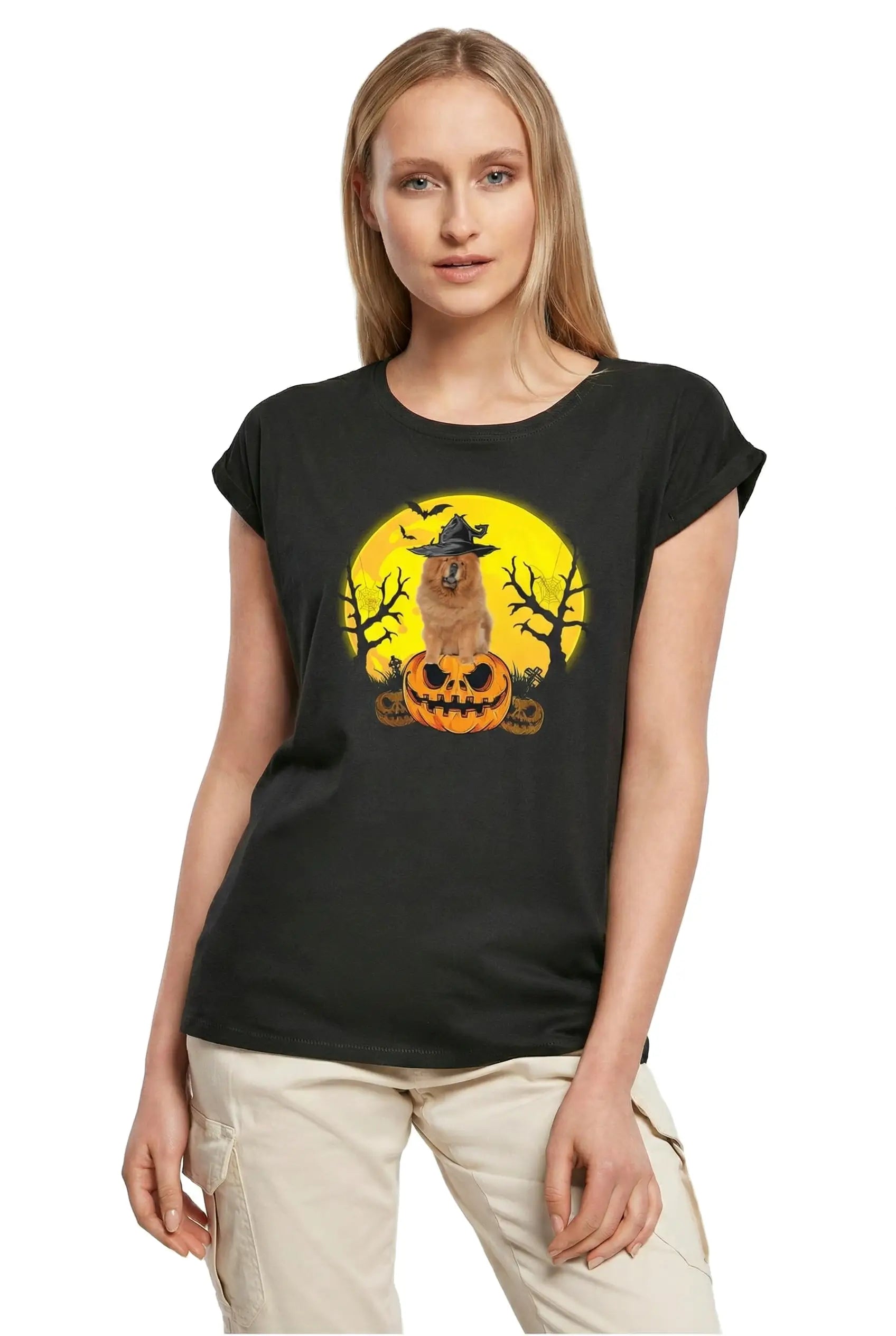 Women's Graphic T-Shirt Chow Halloween Pumpkin Ladies Limited Edition Short Sleeve Tee-Shirt Vintage Birthday Gift Novelty