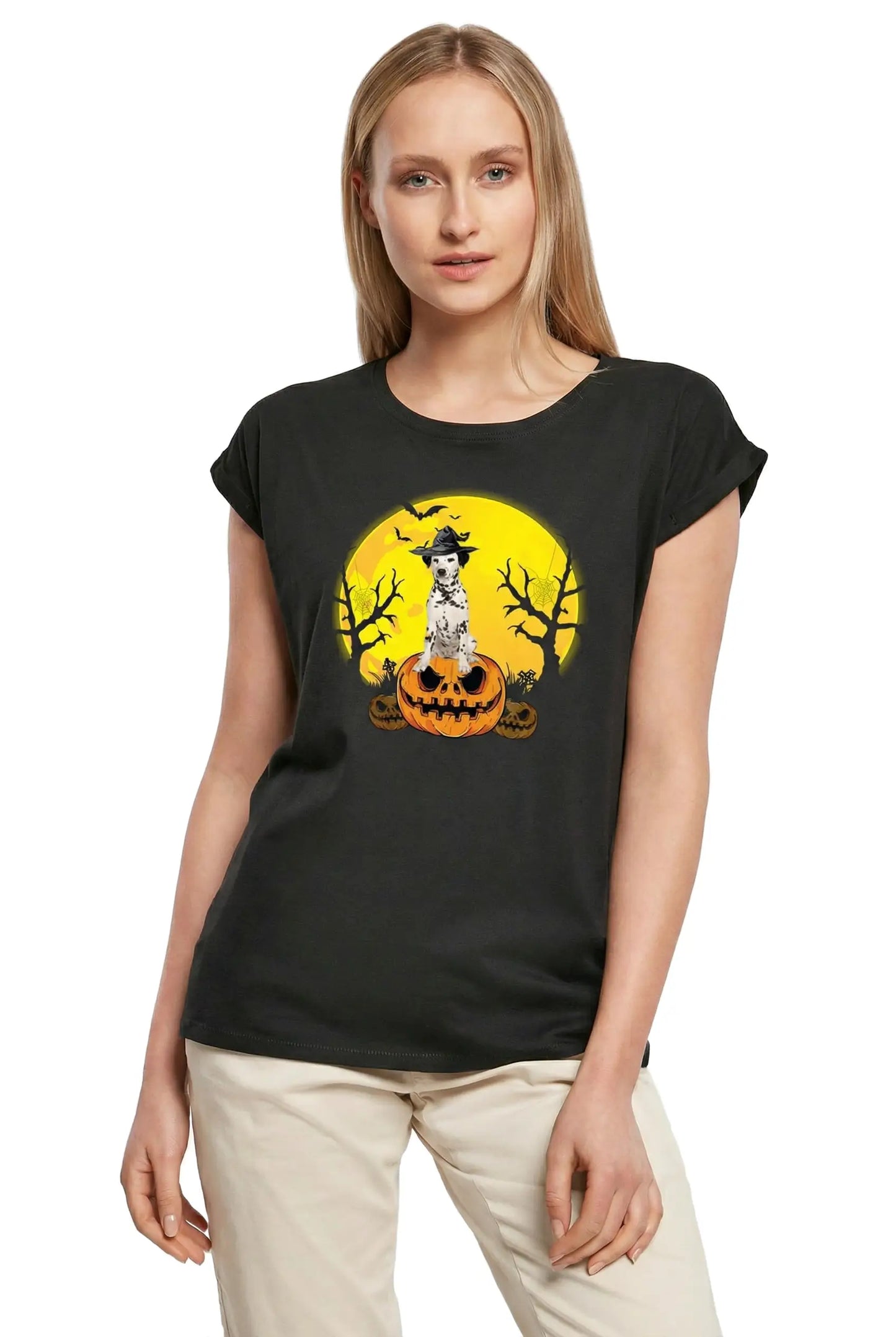 Women's Graphic T-Shirt Dalmatian Halloween Pumpkin Ladies Limited Edition Short Sleeve Tee-Shirt Vintage Birthday Gift Novelty