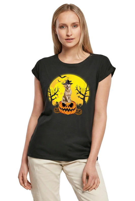 Women's Graphic T-Shirt Golden Retriever Halloween Pumpkin Ladies Limited Edition Short Sleeve Tee-Shirt Vintage Birthday Gift Novelty