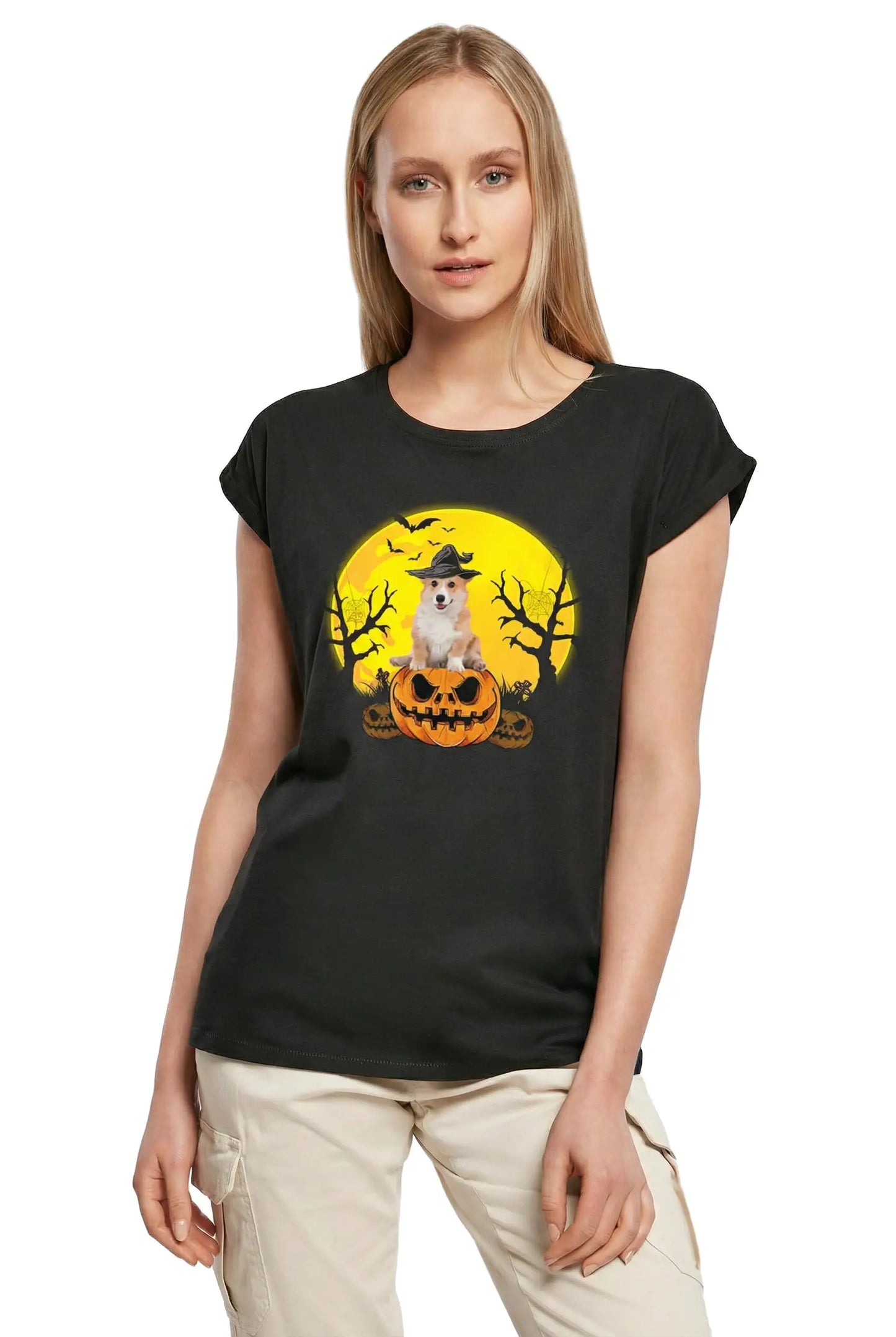 Women's Graphic T-Shirt Pembroke Welsh Corgi Halloween Pumpkin Ladies Limited Edition Short Sleeve Tee-Shirt Vintage Birthday Gift Novelty