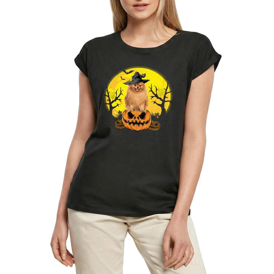 Women's Graphic T-Shirt Pomeranian Halloween Pumpkin Ladies Limited Edition Short Sleeve Tee-Shirt Vintage Birthday Gift Novelty