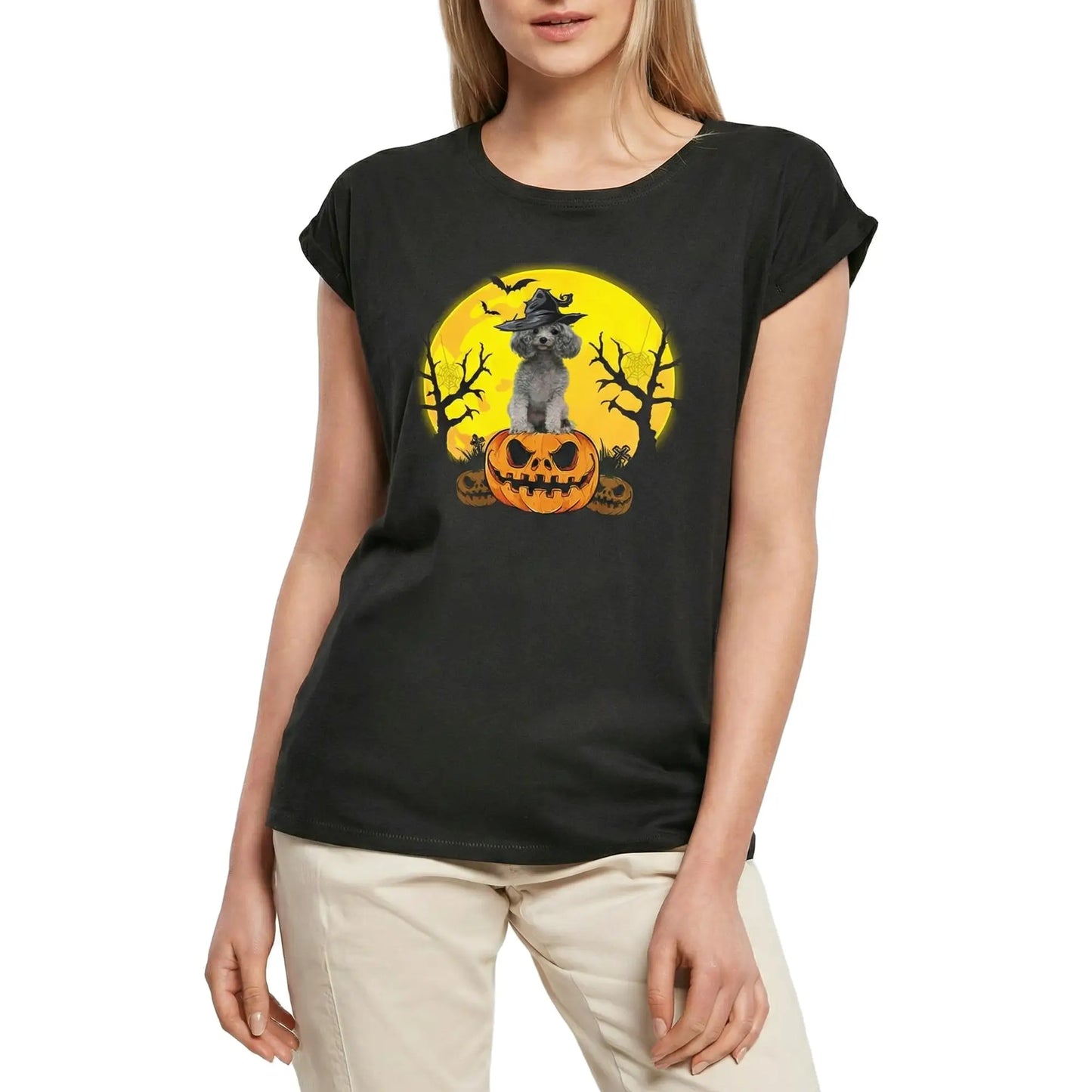 Women's Graphic T-Shirt Poodle Halloween Pumpkin Ladies Limited Edition Short Sleeve Tee-Shirt Vintage Birthday Gift Novelty