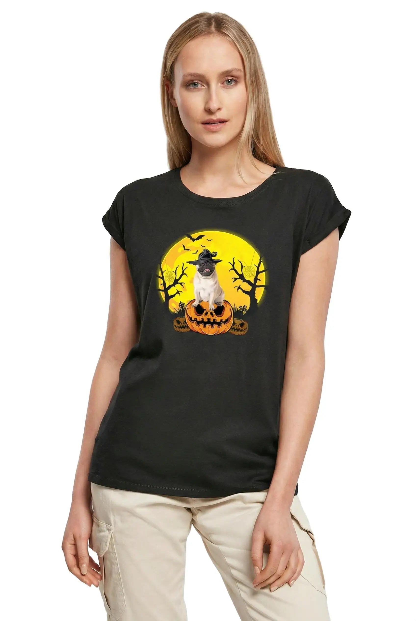 Women's Graphic T-Shirt Pug Halloween Pumpkin Ladies Limited Edition Short Sleeve Tee-Shirt Vintage Birthday Gift Novelty