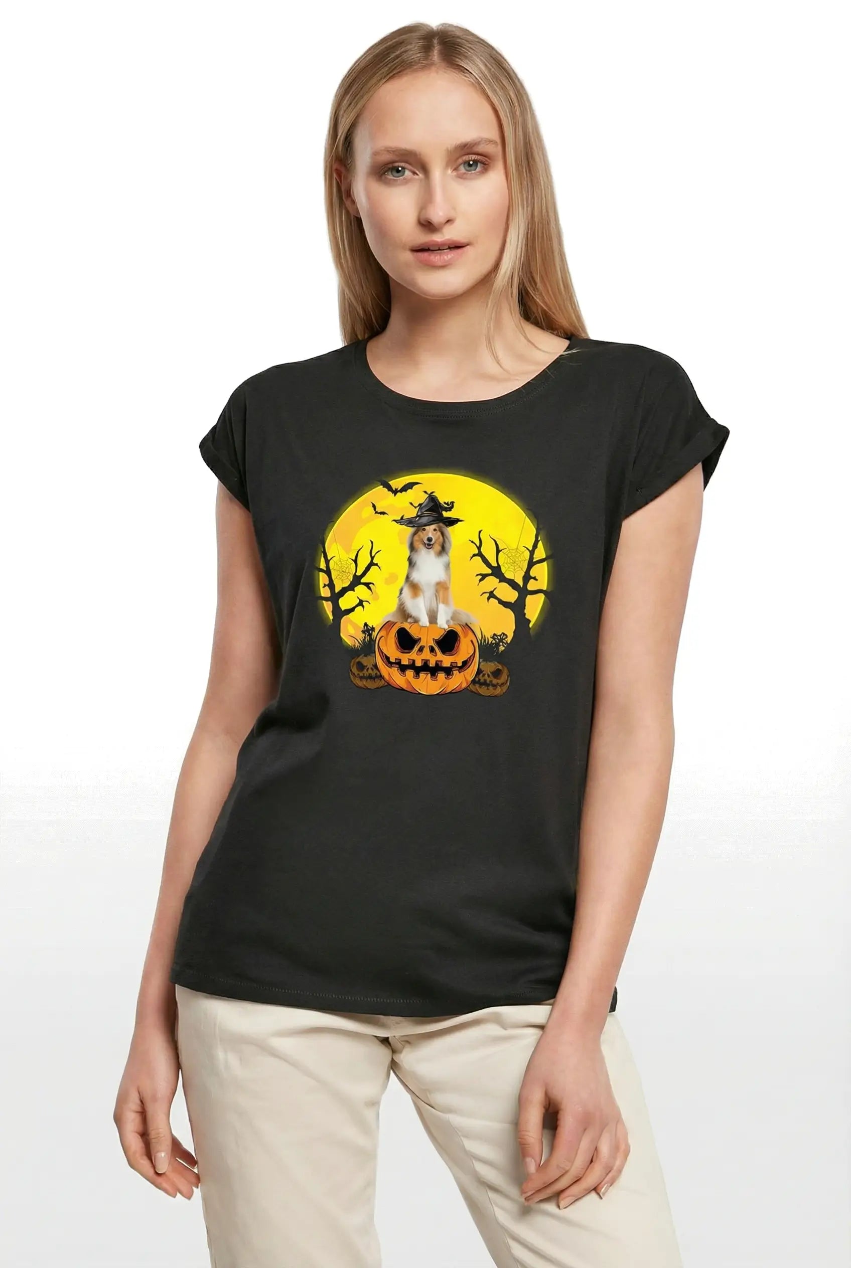 Women's Graphic T-Shirt Rough Collie Halloween Pumpkin Ladies Limited Edition Short Sleeve Tee-Shirt Vintage Birthday Gift Novelty