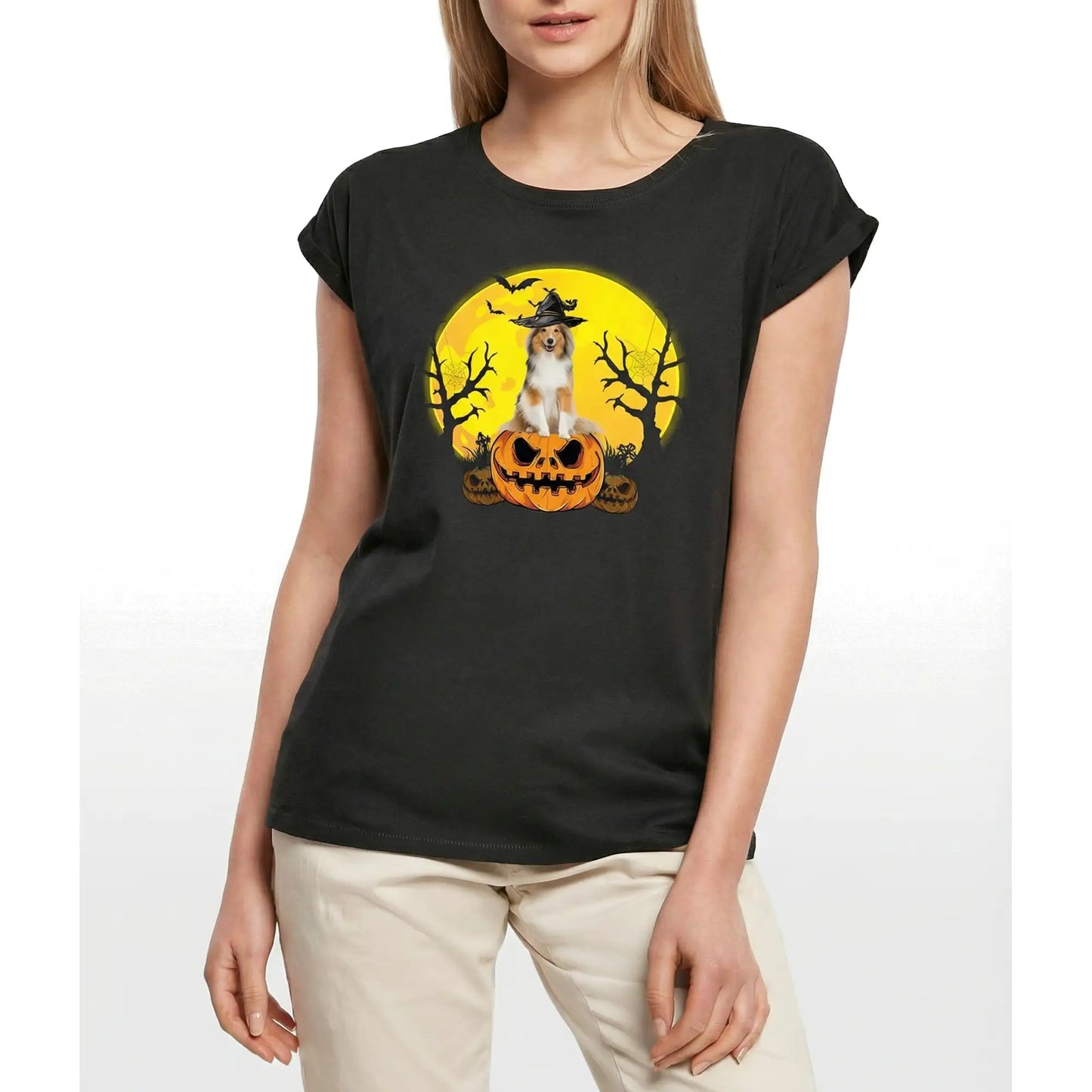 Women's Graphic T-Shirt Rough Collie Halloween Pumpkin Ladies Limited Edition Short Sleeve Tee-Shirt Vintage Birthday Gift Novelty