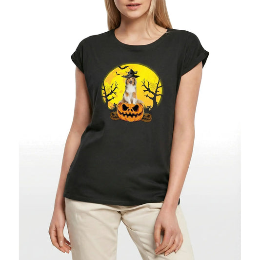 Women's Graphic T-Shirt Rough Collie Halloween Pumpkin Ladies Limited Edition Short Sleeve Tee-Shirt Vintage Birthday Gift Novelty
