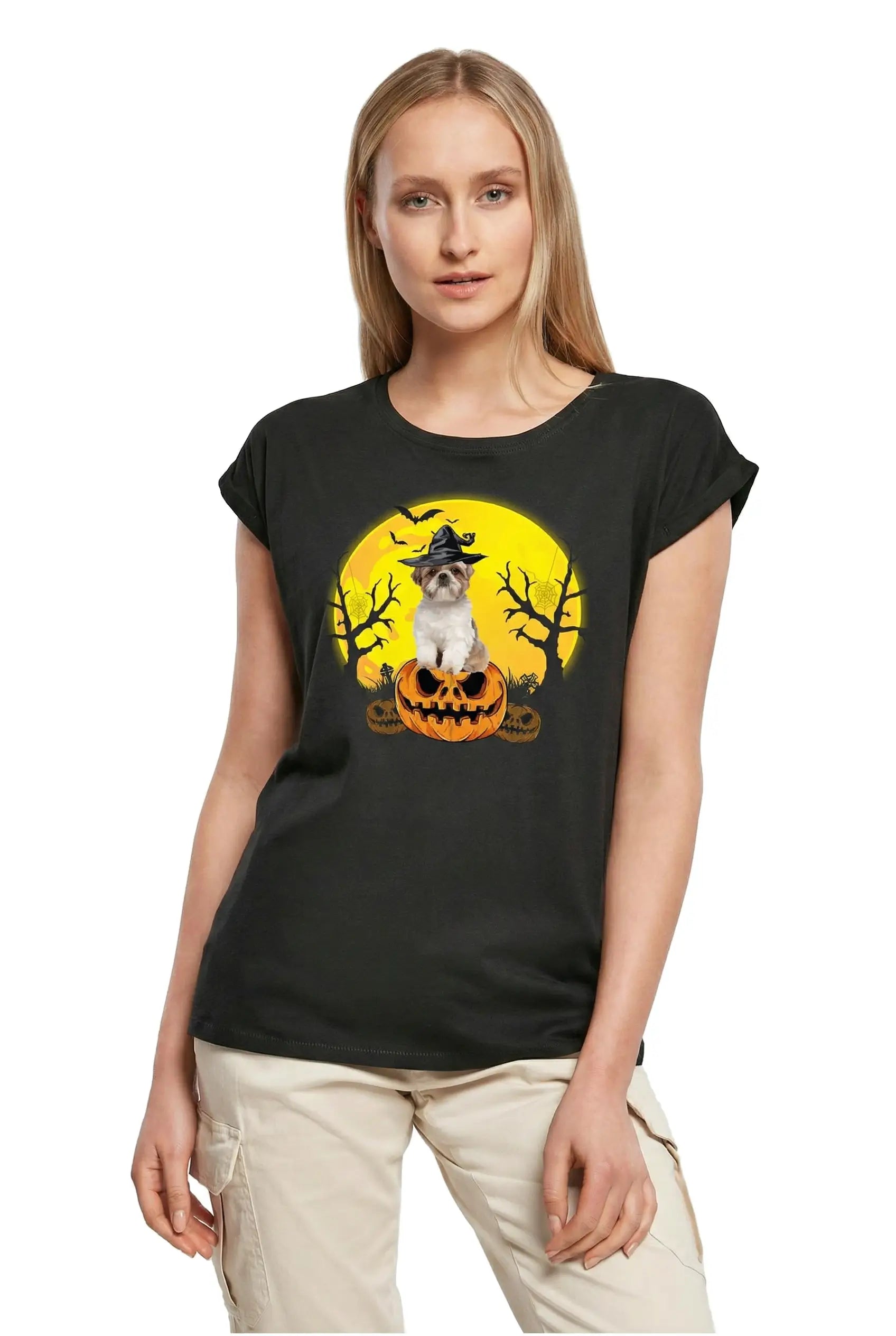 Women's Graphic T-Shirt Shih Tzu Halloween Pumpkin Ladies Limited Edition Short Sleeve Tee-Shirt Vintage Birthday Gift Novelty