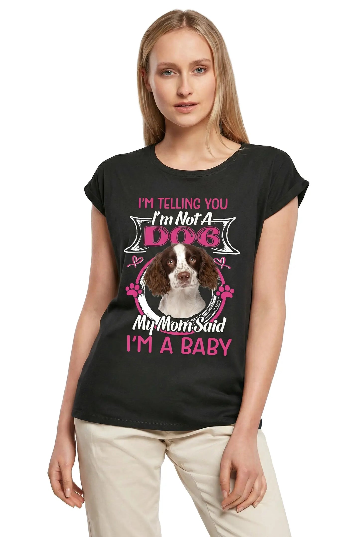 Women's Graphic T-Shirt I'm Telling You I'm Not A English Springer Spaniel - My Mom Said I'm A Baby Ladies Limited Edition Short Sleeve Tee-Shirt Vintage Birthday Gift Novelty