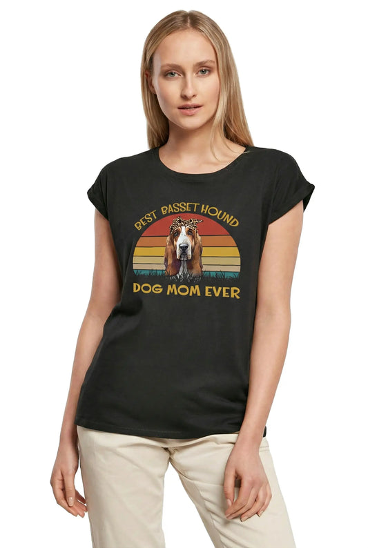 Women's Graphic T-Shirt Best Basset Hound Dog Mom Ever Ladies Limited Edition Short Sleeve Tee-Shirt Vintage Birthday Gift Novelty