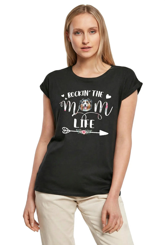 Women's Graphic T-Shirt Rockin' The Australian Shepherd Mom Life Ladies Limited Edition Short Sleeve Tee-Shirt Vintage Birthday Gift Novelty
