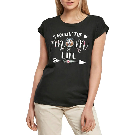 Women's Graphic T-Shirt Rockin' The Australian Shepherd Mom Life Ladies Limited Edition Short Sleeve Tee-Shirt Vintage Birthday Gift Novelty