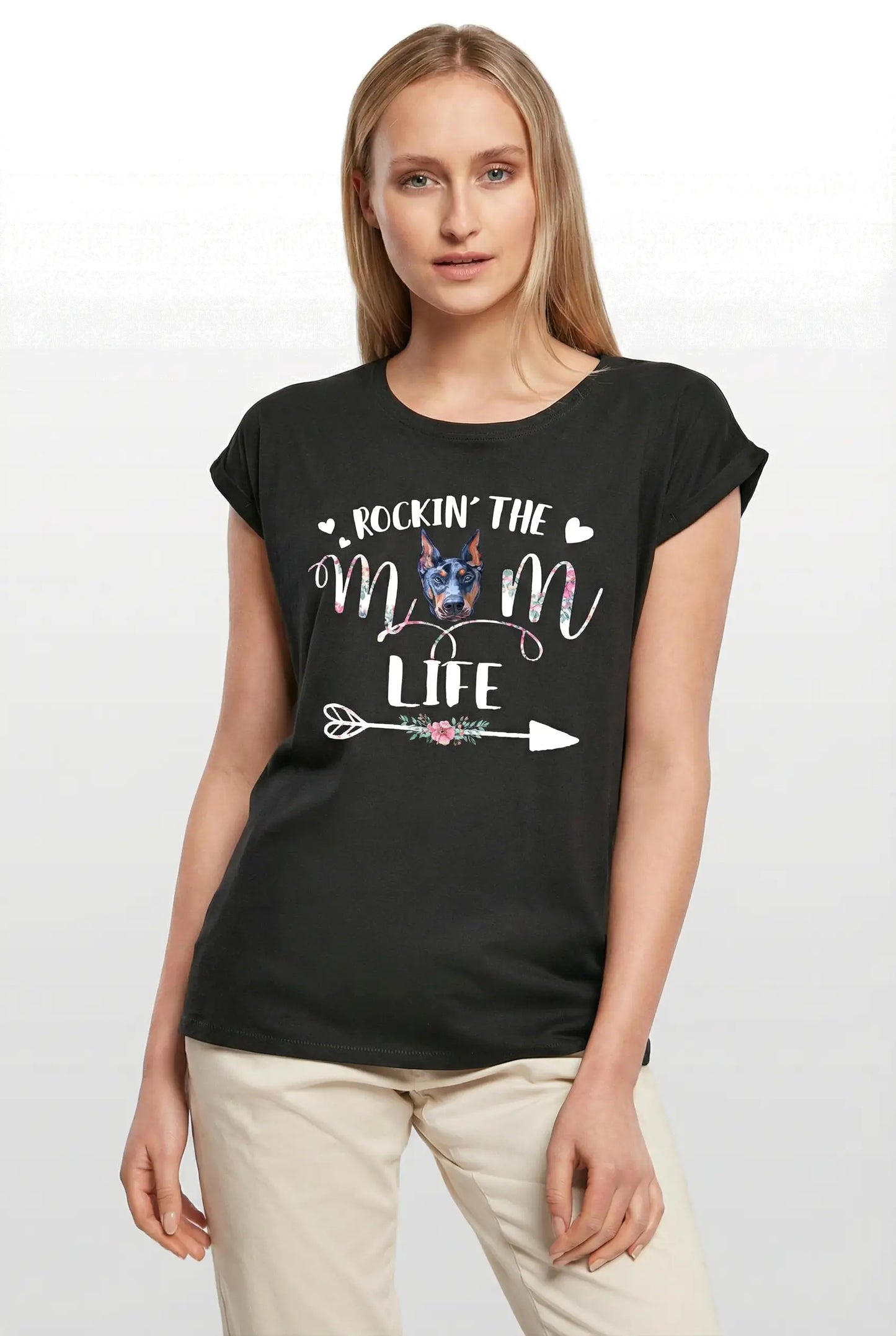 Women's Graphic T-Shirt Rockin' The Doberman Mom Life Ladies Limited Edition Short Sleeve Tee-Shirt Vintage Birthday Gift Novelty
