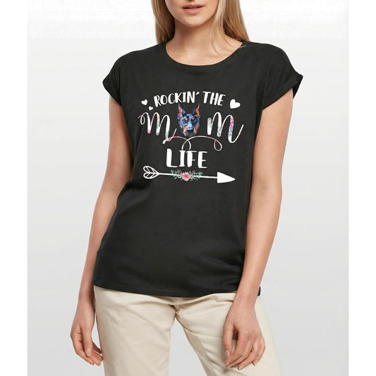 Women's Graphic T-Shirt Rockin' The Doberman Mom Life Ladies Limited Edition Short Sleeve Tee-Shirt Vintage Birthday Gift Novelty