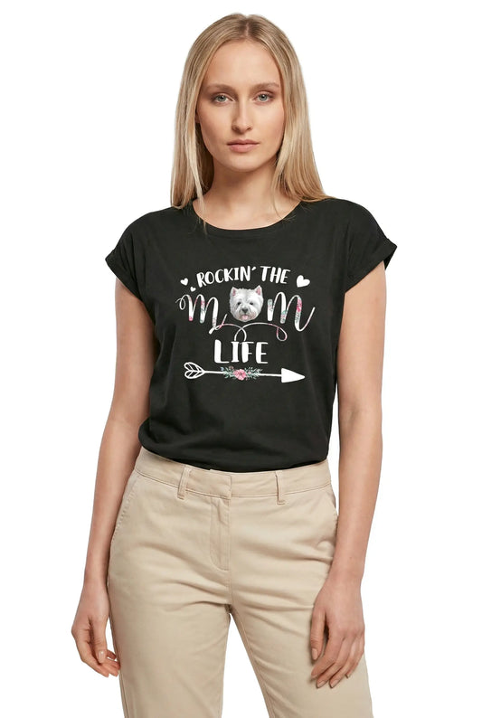 Women's Graphic T-Shirt Rockin' The Mom Life Westie Ladies Limited Edition Short Sleeve Tee-Shirt Vintage Birthday Gift Novelty