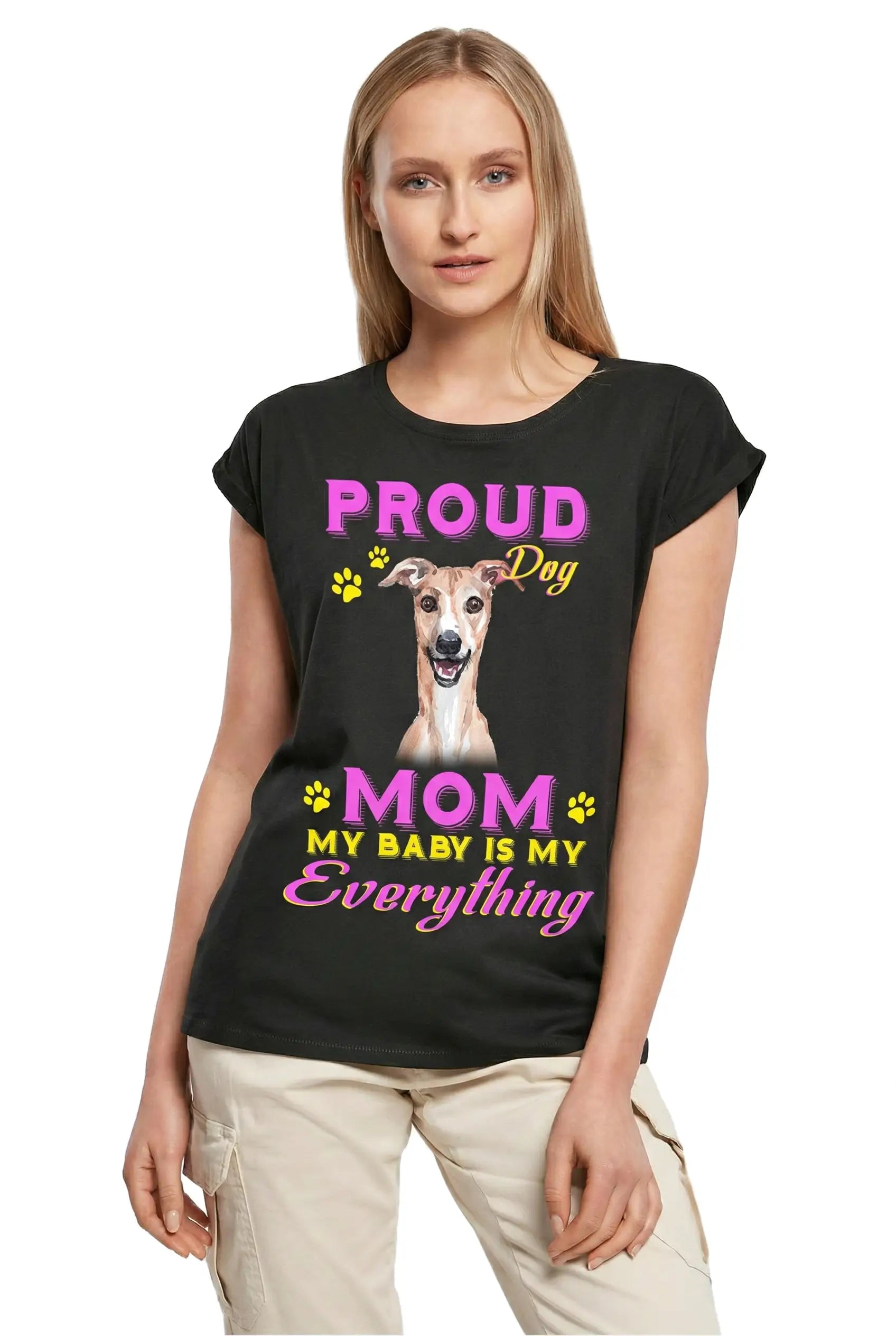 Women's Graphic T-Shirt Proud Day - Whippet Dog Mom - My Baby Is My Everything Ladies Limited Edition Short Sleeve Tee-Shirt Vintage Birthday Gift Novelty